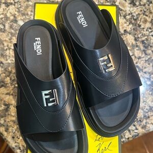 Fendi Black Leather Slide Sandals with Silver FF Hardware